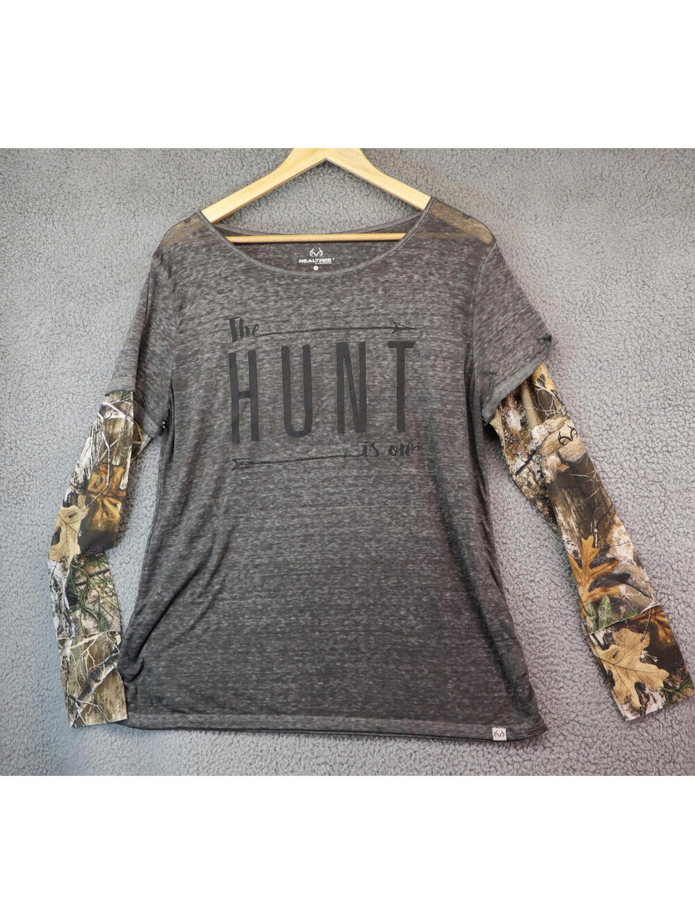 Realtree Camo Crew Neck Long Sleeve Shirt Womens Large Grey